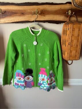 Vintage Tiara International Christmas Grinch Green Snowman Sweater M Medium Ugly